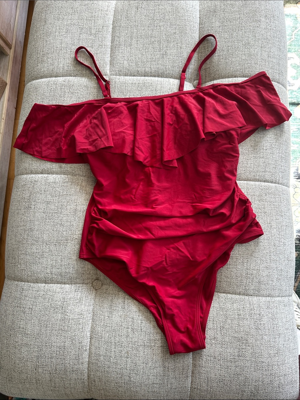 Ruffled Off The Shoulder Red Women's One-Piece Swimsuit